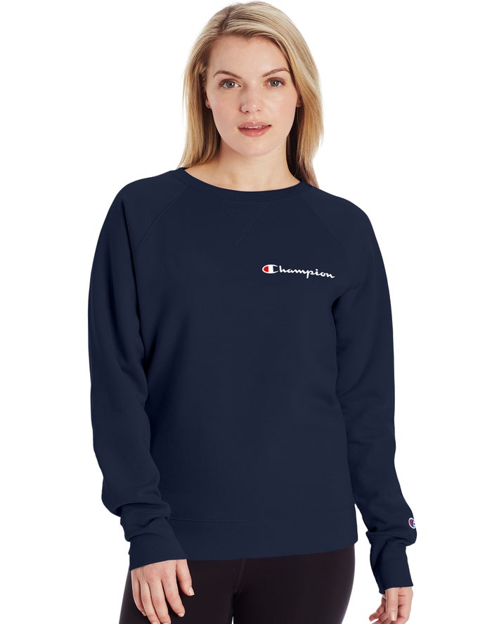 Champion Sweatshirt Dames - Donkerblauw - Powerblend Fleece Classic Crew Script Logo ( 791206-SFU )